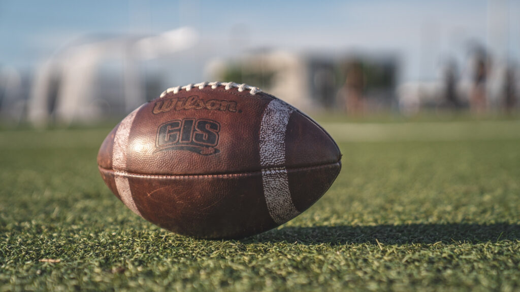 a brown football sitting on grass in daylight