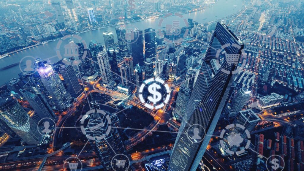 large city skyline with finance symbols overlayed